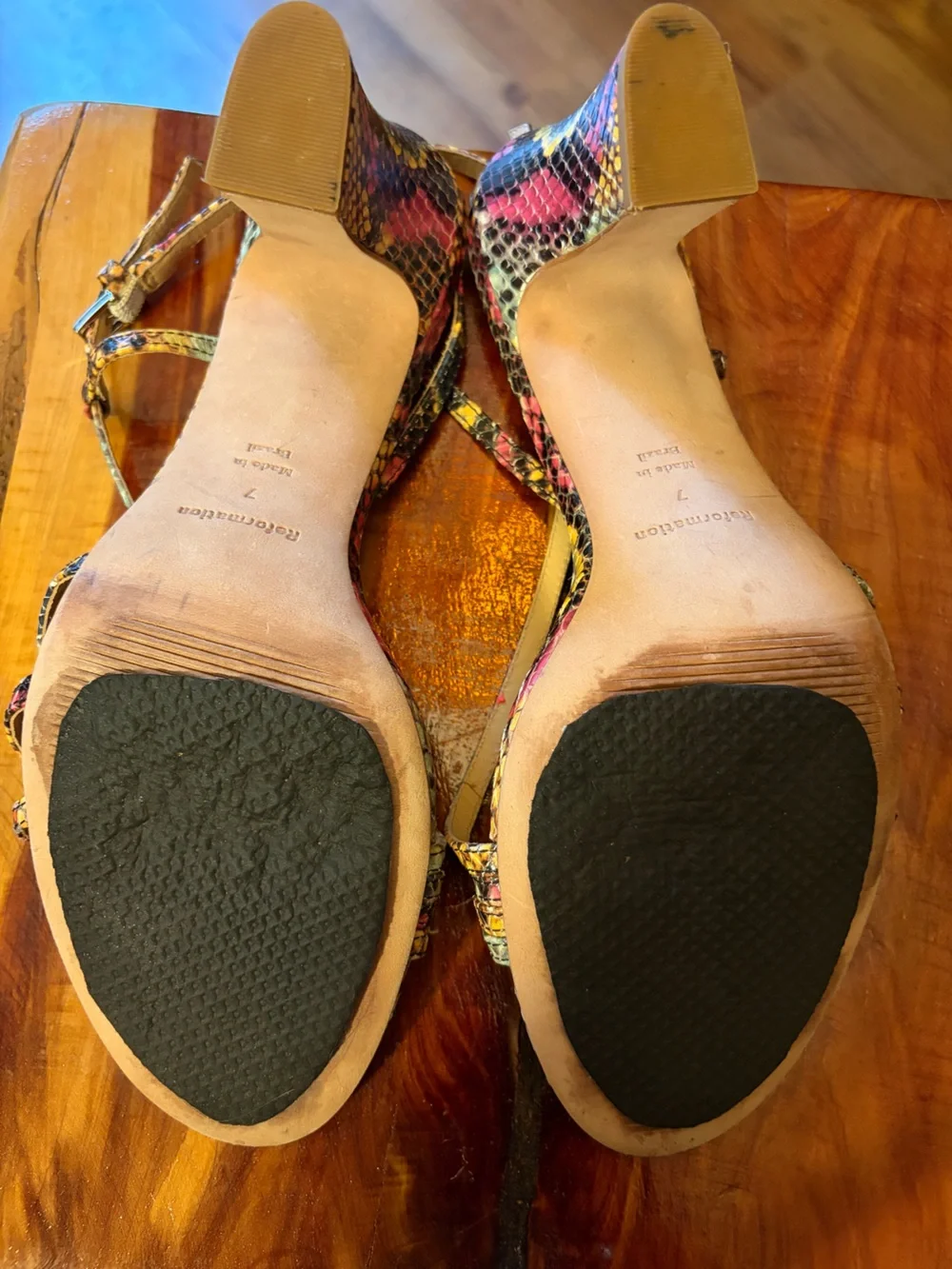 Reformation Pia Knotted Heeled Sandal multicolored faux-snakeskin 7